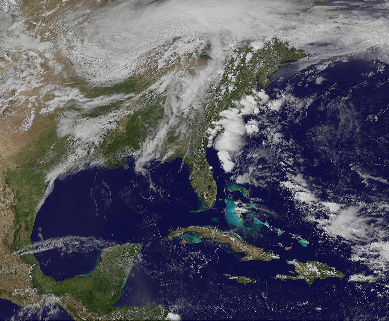 Imagen satelital de la NASA mostrando Norteamérica y el Caribe desde el espacio.